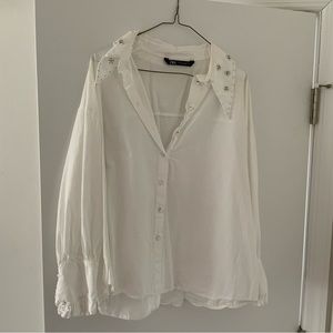 Zara White Button Up with Pearl Buttons and detail on Collar